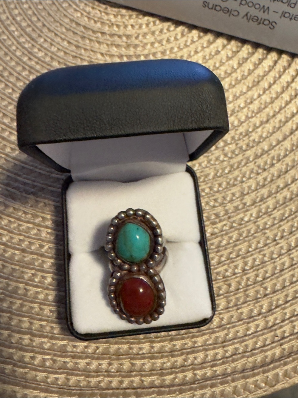925 Sterling Silver Double Stone Ring with Turquoise and Red Coral